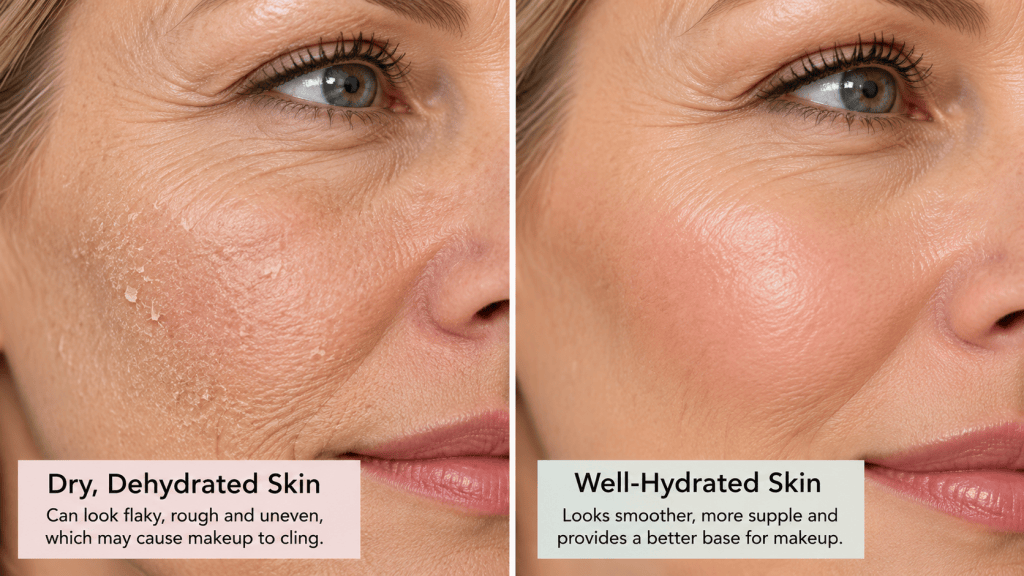 Side-by-side comparison of dry, flaky mature skin and smoother, well-hydrated mature skin