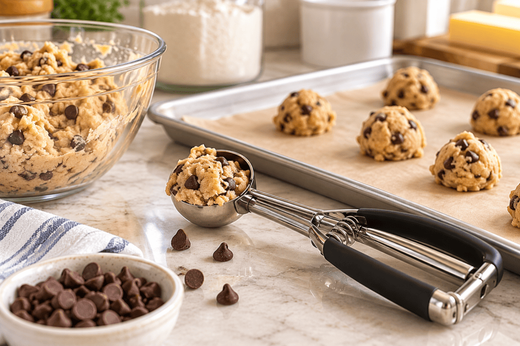 Cookie scoop filled with chocolate chip cookie dough beside a baking sheet of evenly portioned cookies