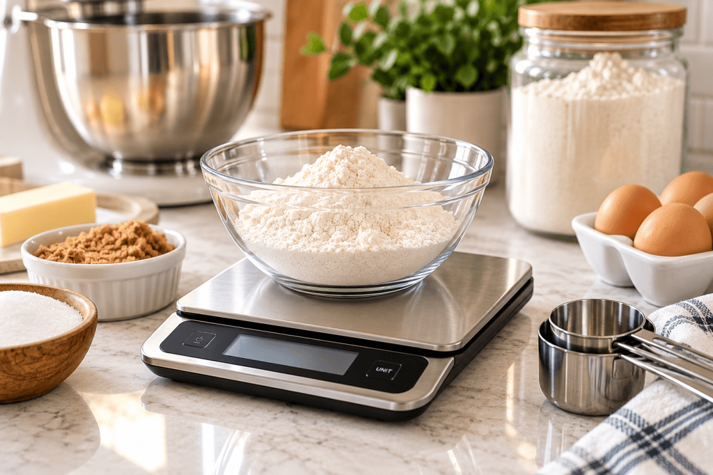 Digital kitchen scale with a bowl of flour surrounded by baking ingredients and measuring cups