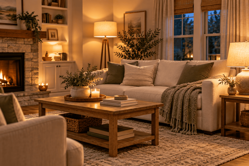 Cozy living room with layered warm lighting from table lamps, a floor lamp, candles and a fireplace