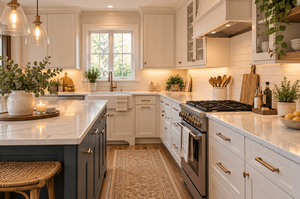 Bright organized kitchen with cream cabinets, brass hardware, warm under-cabinet lighting and uncluttered countertops