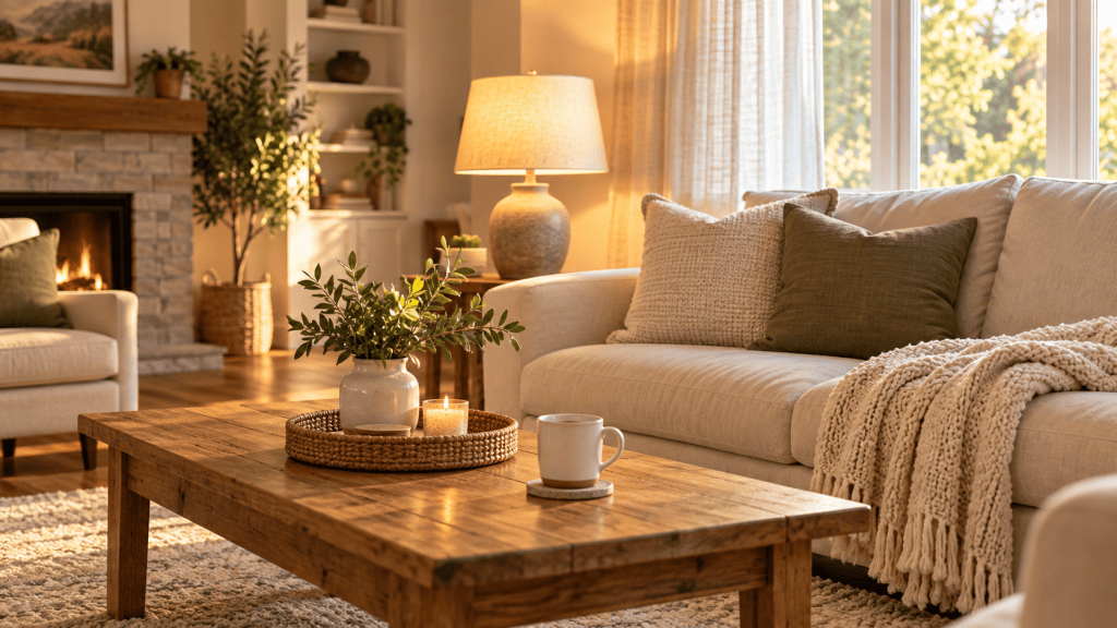 Cozy uncluttered living room with warm lighting, cream sofa, textured throw, greenery and coffee mug on a wooden table
