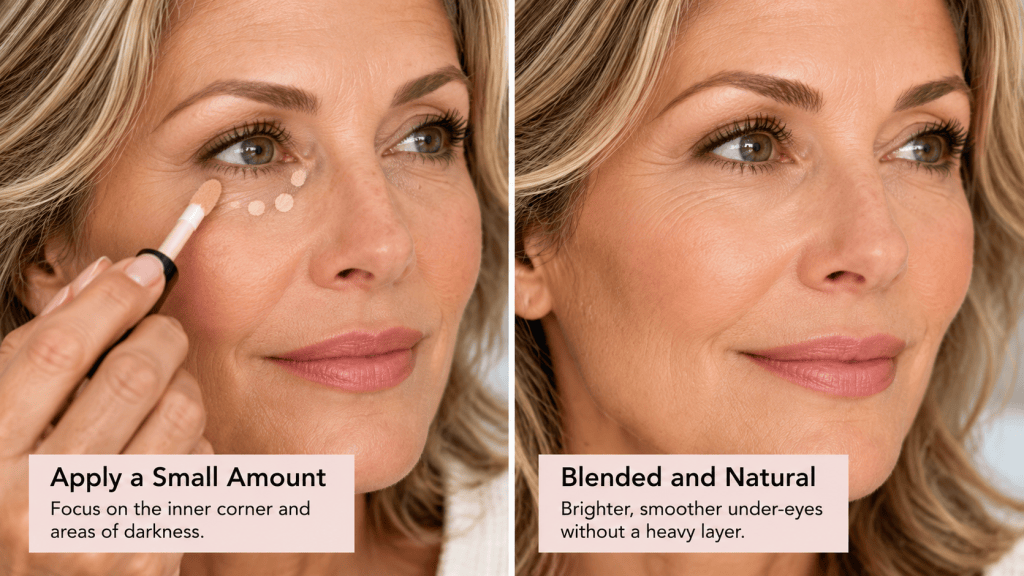 Mature woman demonstrating a small amount of under-eye concealer for a lighter, natural-looking finish