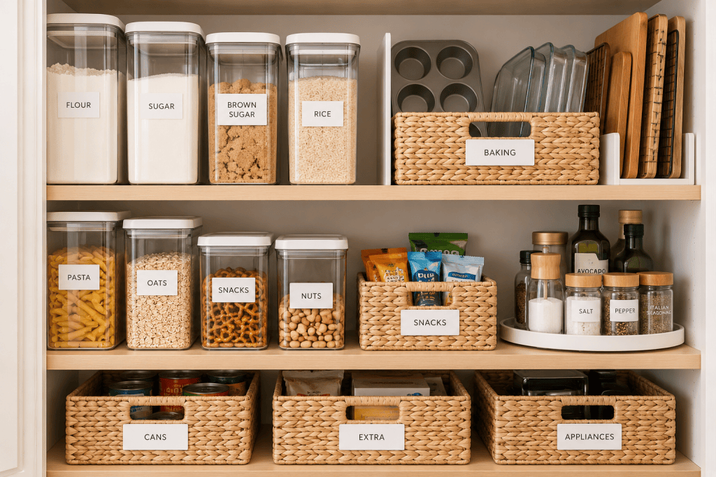 Organized kitchen pantry with clear containers, woven baskets and labeled storage for food and baking supplies