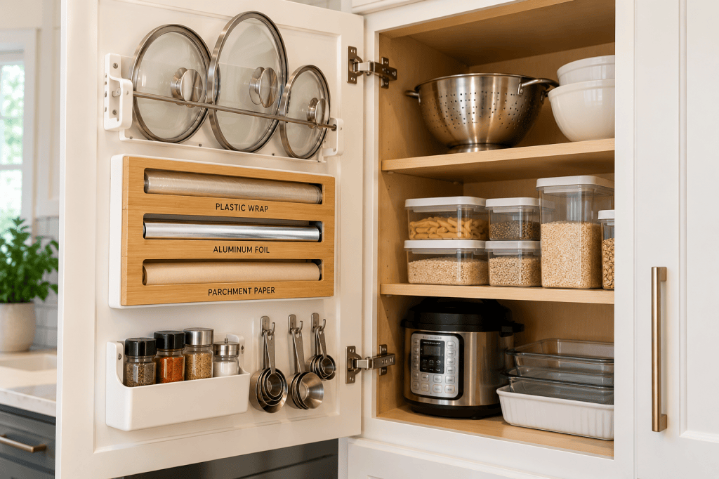 Kitchen cabinet door organizer with pot lids, food wrap, spices and measuring cups