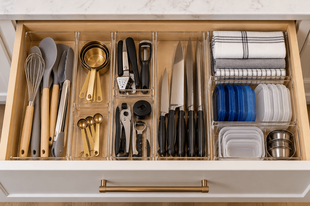 Organized kitchen drawer with dividers for utensils, measuring tools and everyday kitchen essentials