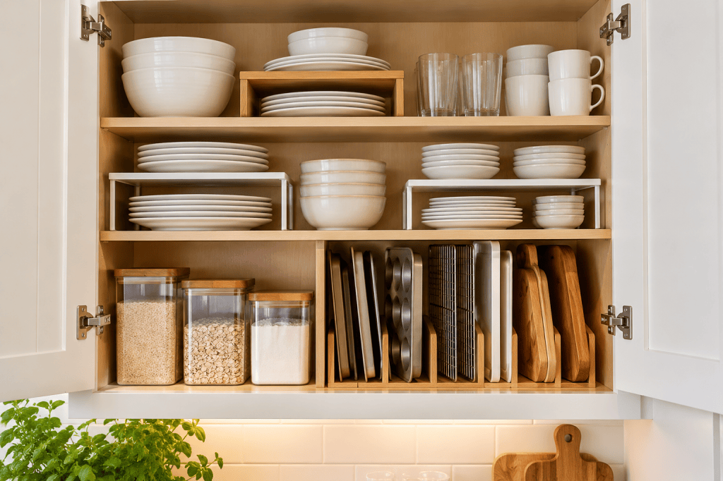 Organized kitchen cabinet with shelf risers and vertical dividers for dishes, baking sheets and cutting boards