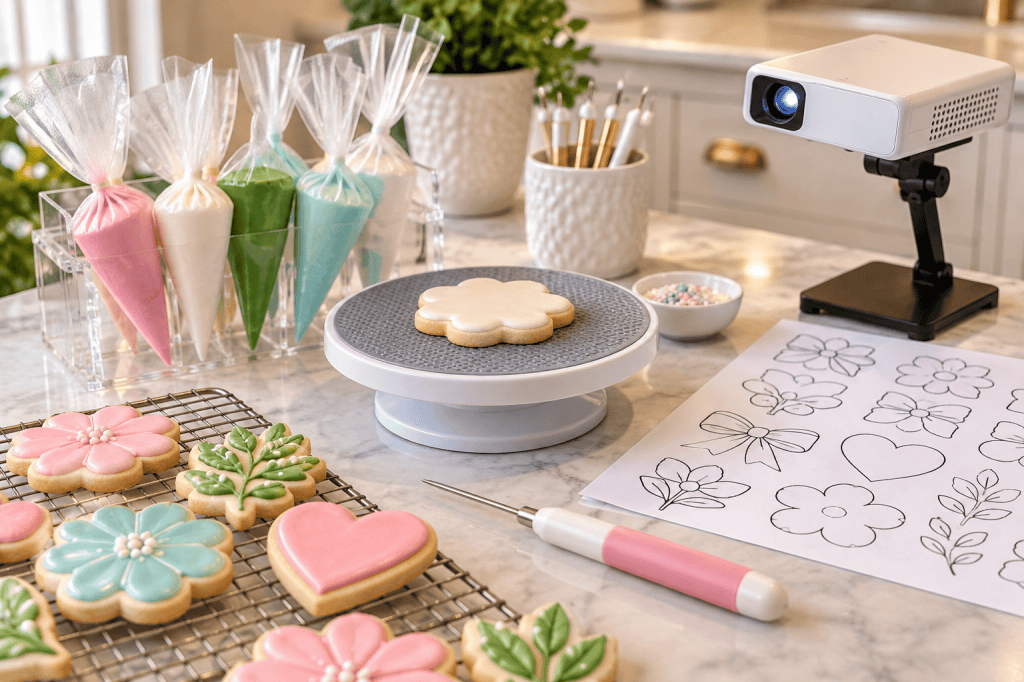 Cookie decorating workstation with royal icing piping bags, a scribe tool, a rotating turntable, printable transfer templates, a mini projector, and decorated sugar cookies.