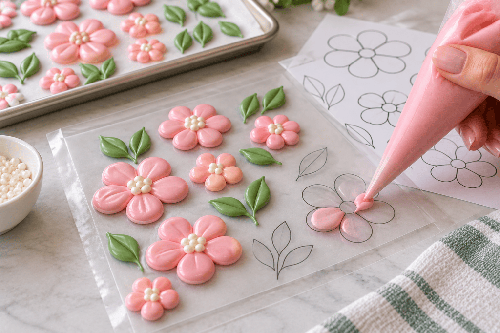 Hand piping pink royal icing flowers onto a clear transfer sheet over a printed floral template, with completed pink flowers and green leaves arranged nearby.