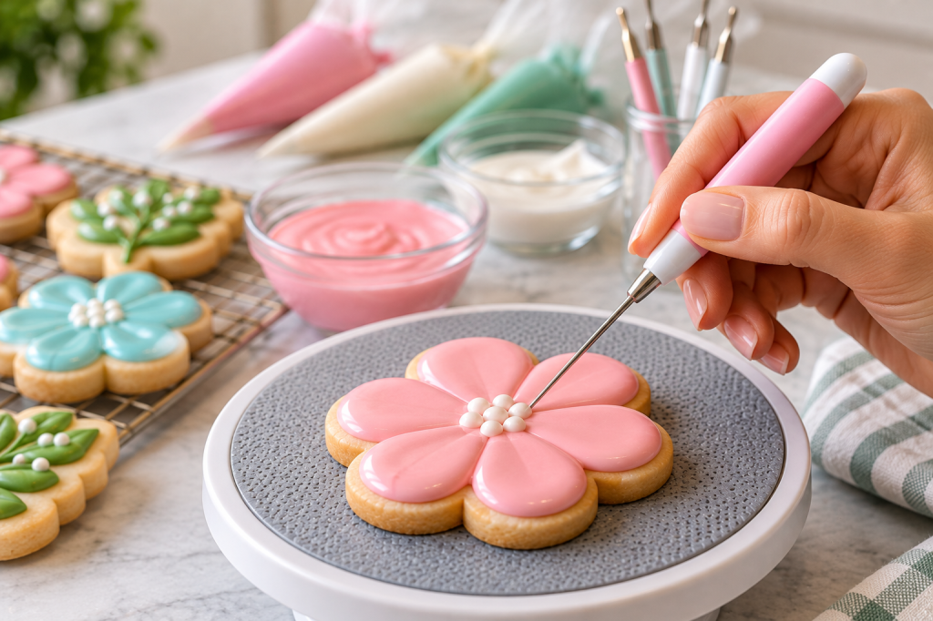 Pink flower-shaped sugar cookie with glossy royal icing on a rotating decorating turntable, as a hand uses a scribe tool to refine the icing details.