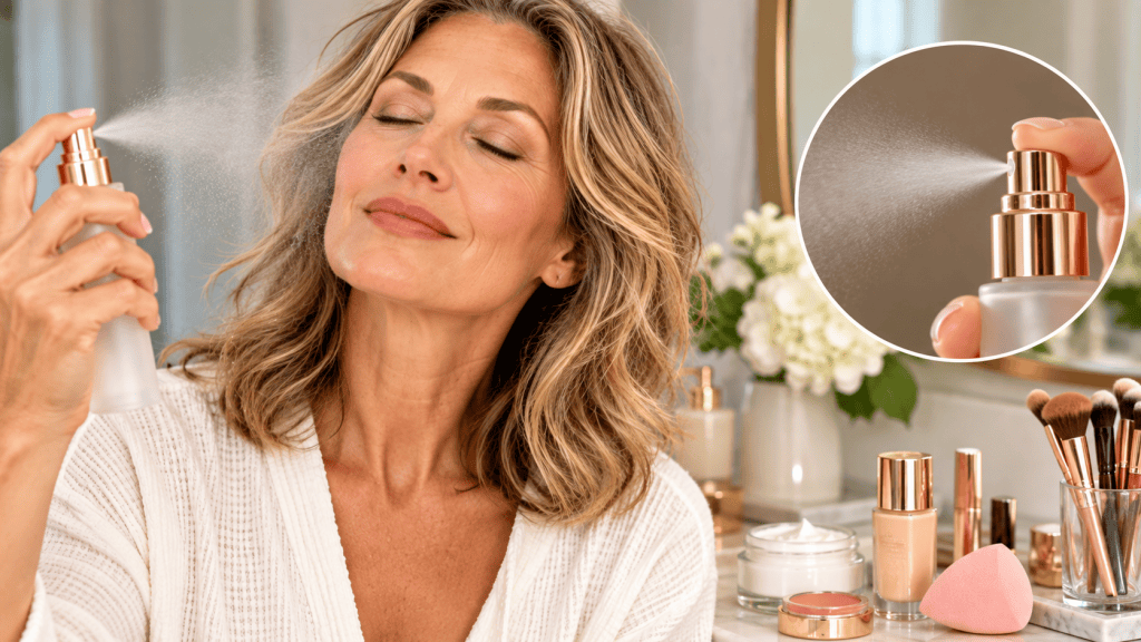 Mature woman applying a fine facial mist over finished makeup for a fresh, hydrated-looking finish