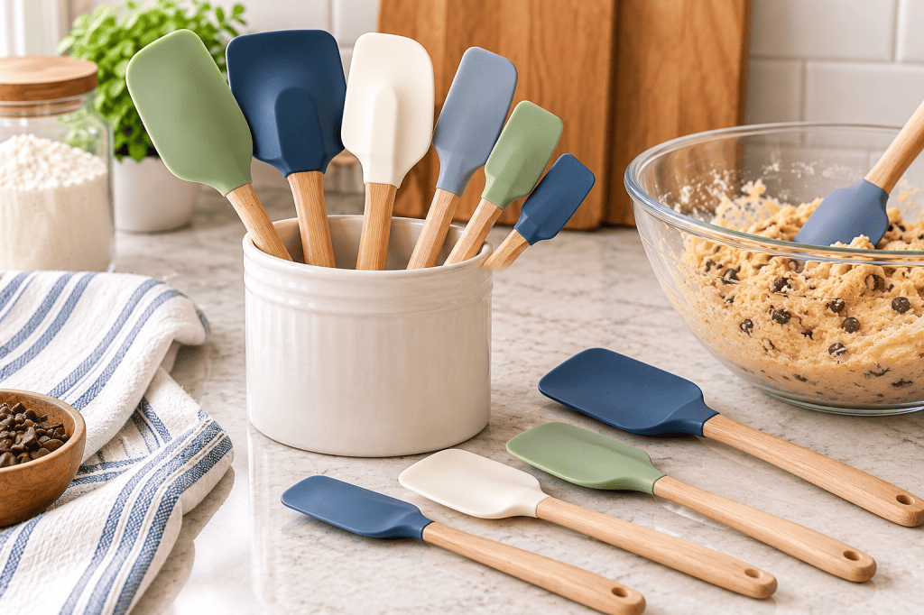Silicone baking spatulas in different sizes and shapes with sage green, blue and cream heads on a kitchen counter