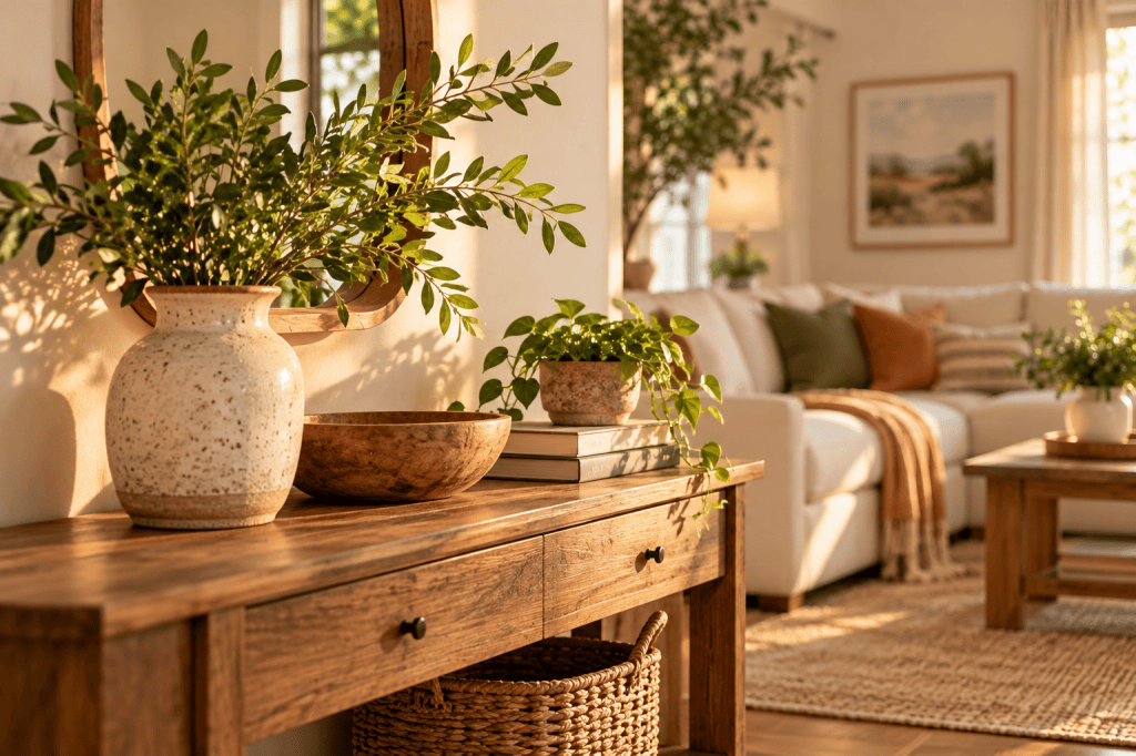 Warm living room with leafy branches, potted plants, natural wood, pottery and woven textures used as simple decor