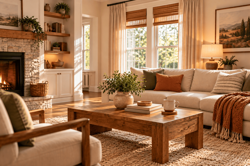 Cozy living room decorated in a consistent warm palette of cream, olive green, terracotta and natural wood tones