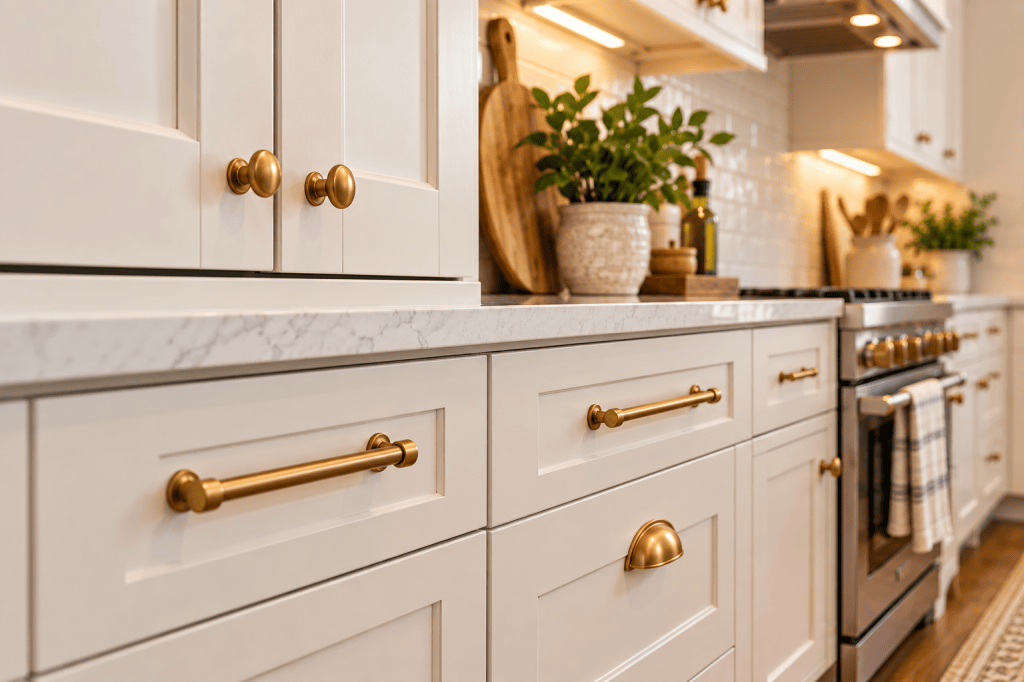 Cream kitchen cabinets with brushed brass knobs and drawer pulls