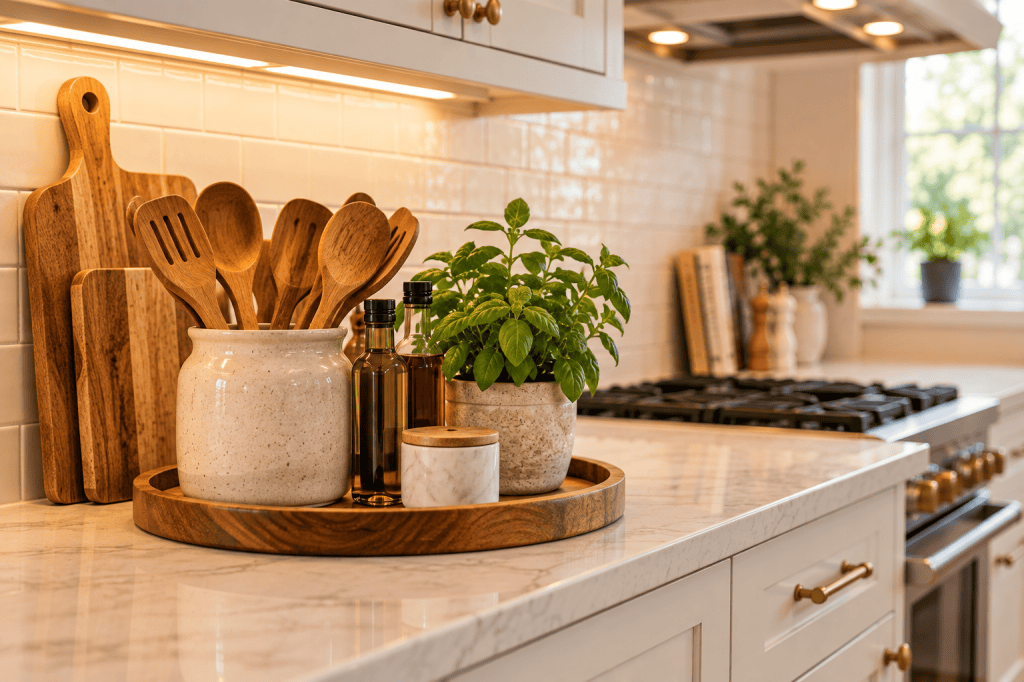 Organized kitchen countertop with wooden utensils, cutting boards, cooking oils and potted herbs