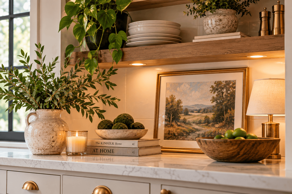 Kitchen counter styled with framed artwork, greenery, decorative books, candle and wooden bowl