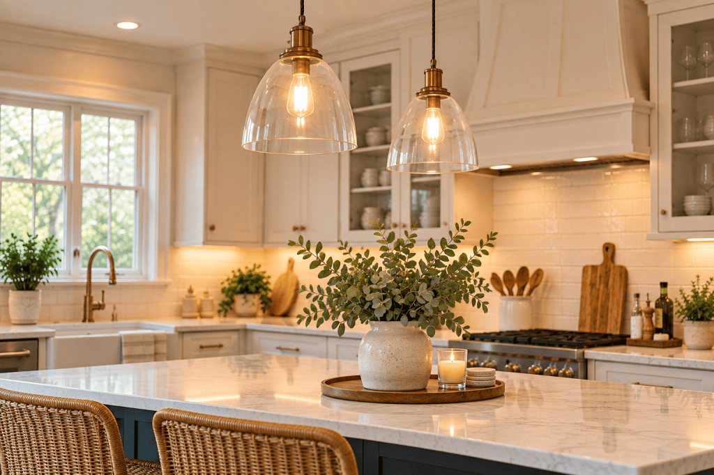 Bright kitchen with warm pendant lights and under-cabinet lighting