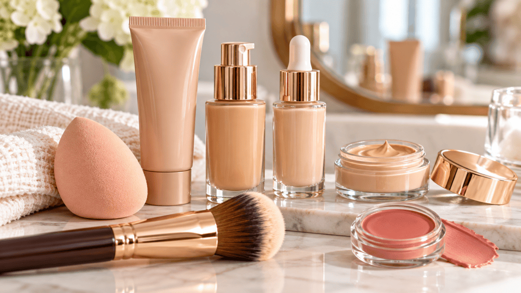 Hydrating complexion products with foundation, skin tint, makeup sponge and foundation brush on a vanity